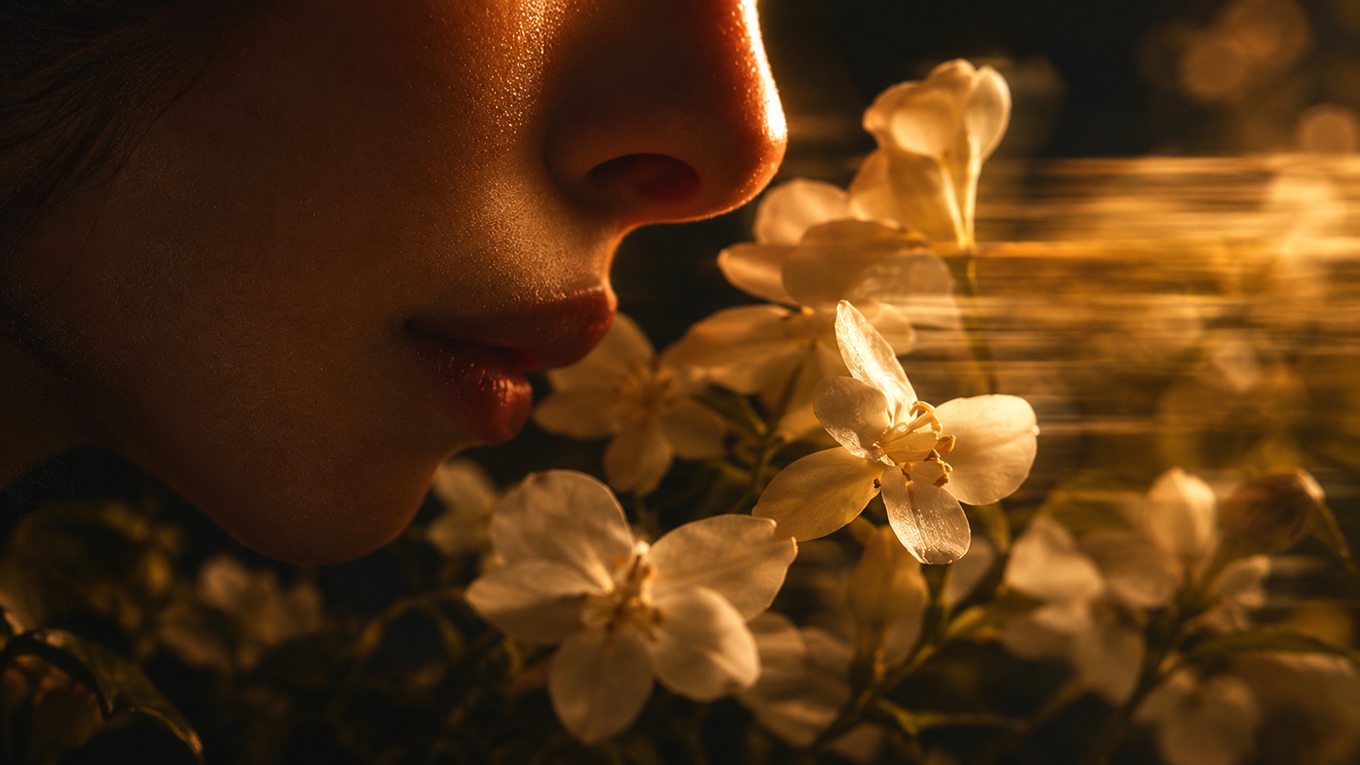 A face leaning in to the scent of white flowers