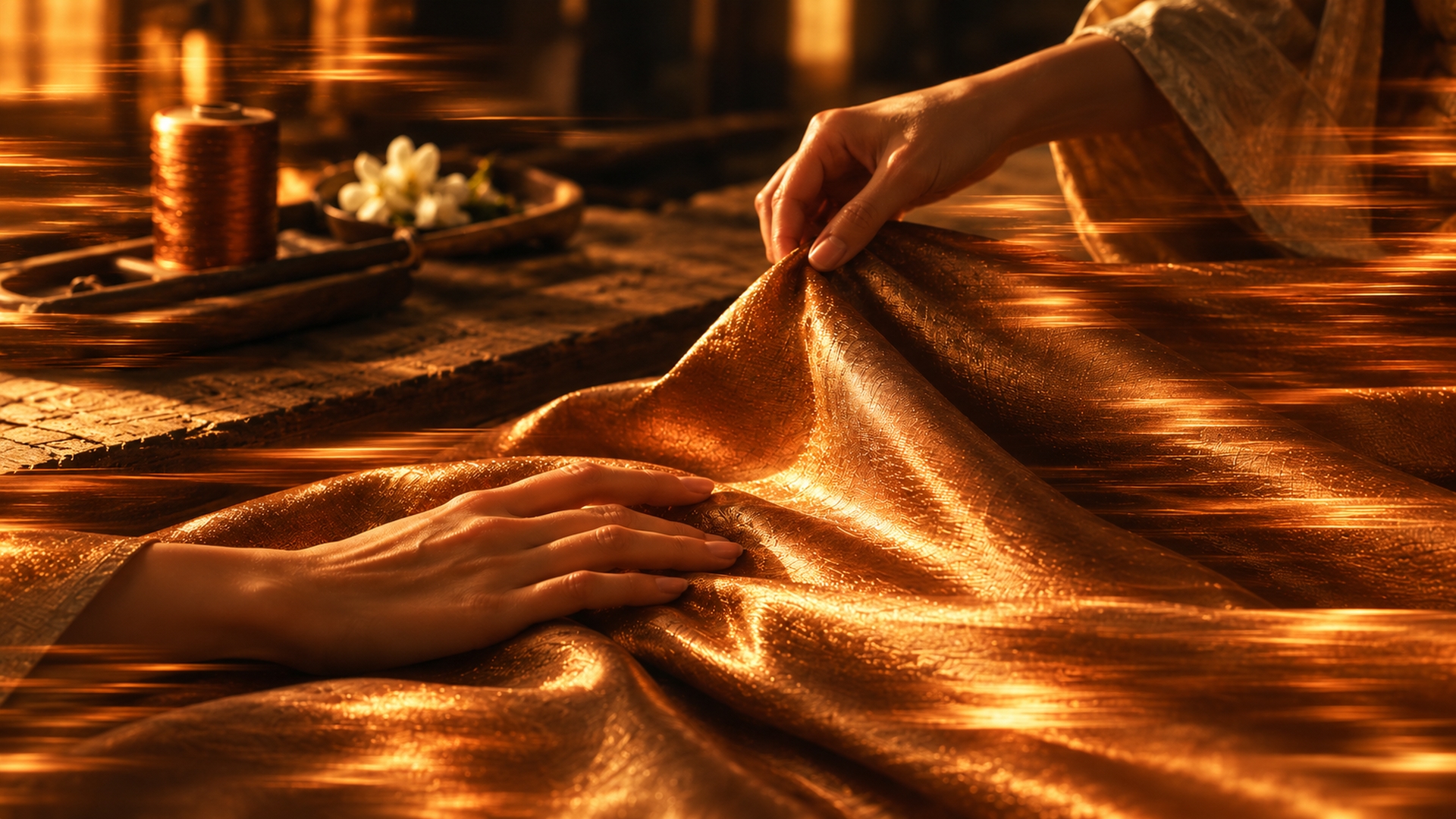 Hands smoothing a length of bronze silk